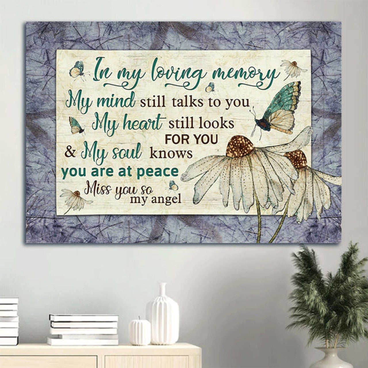 Butterfly Drawing White Flower Painting My Heart Still Looks For You Heaven Canvas Wall Art - Christian Wall Decor