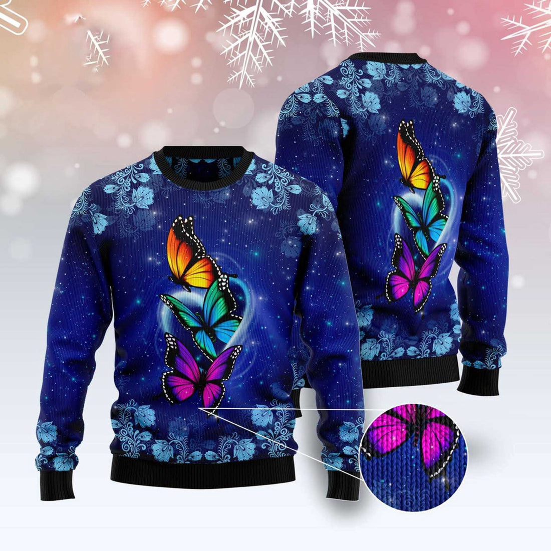 FUNSTUFFPRINT Butterfly Galaxy Ugly Christmas Sweater, Christmas Sweater, Ugly Sweater, Funny Xmas Sweaters Ugly Sweater