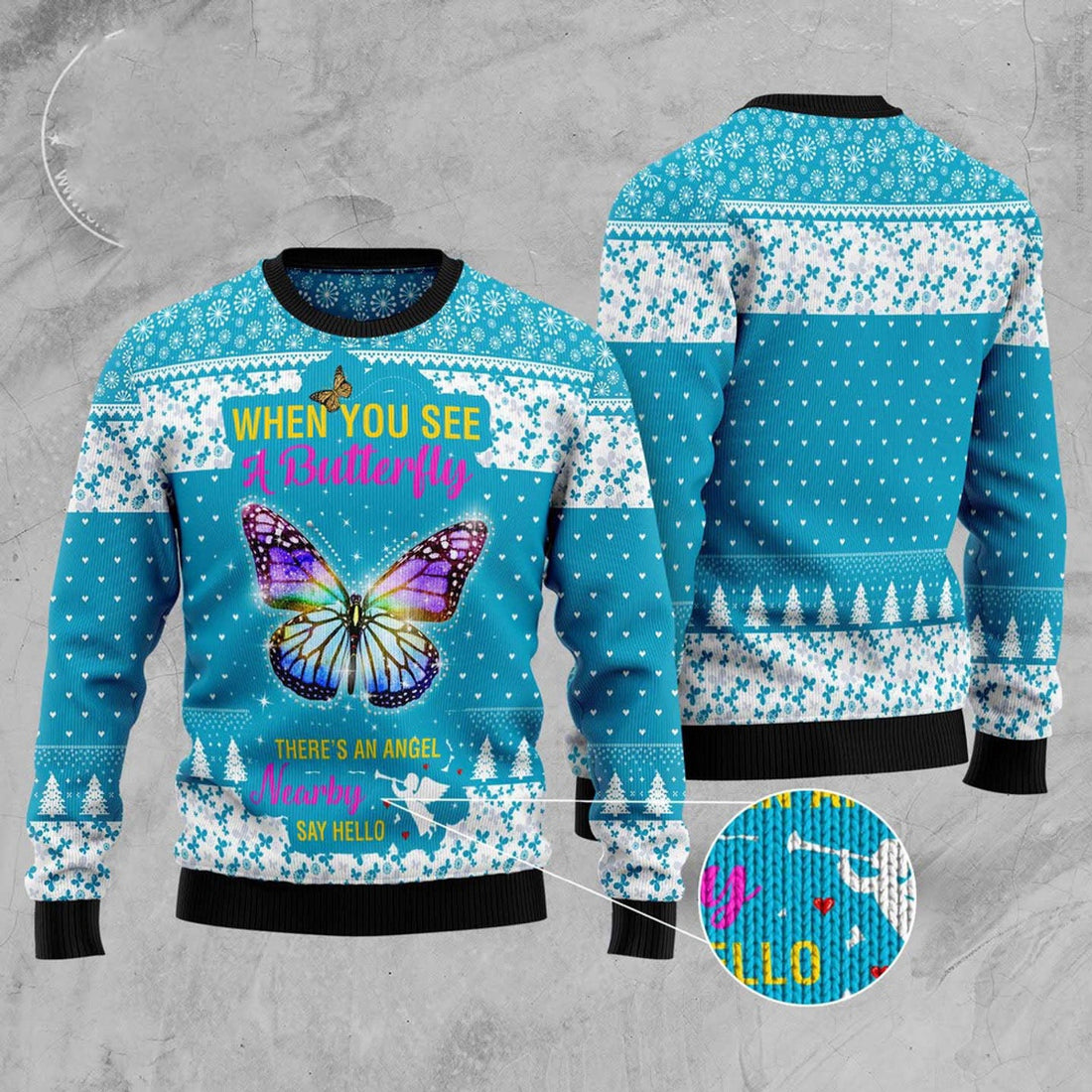 FUNSTUFFPRINT Butterfly Nearby Say Hello Ugly Christmas Sweater, Christmas Sweater, Ugly Sweater, Funny Xmas Sweaters Ugly Sweater