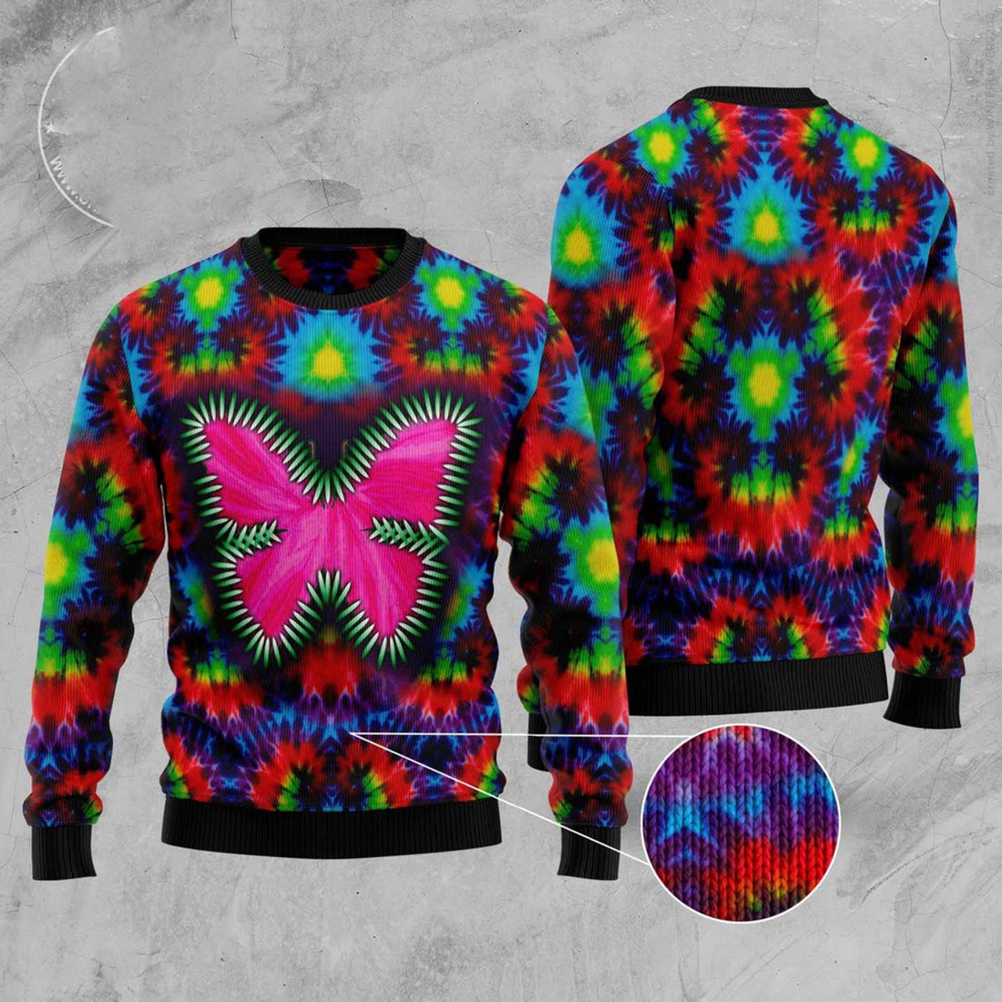 FUNSTUFFPRINT Butterfly Tie Dye Ugly Christmas Sweater, Christmas Sweater, Ugly Sweater, Funny Xmas Sweaters Ugly Sweater