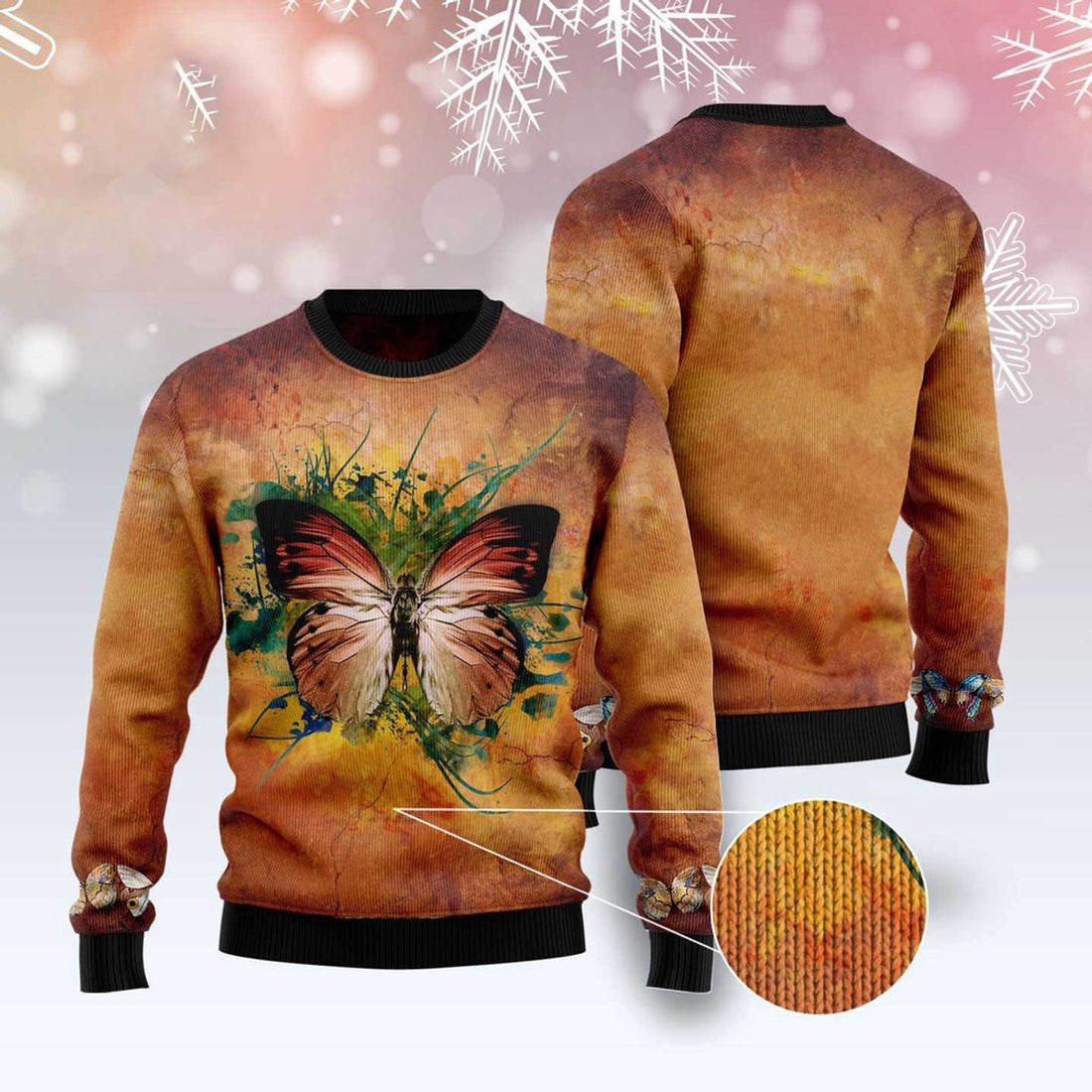 FUNSTUFFPRINT Butterfly Vintage Ugly Christmas Sweater, Christmas Sweater, Ugly Sweater, Funny Xmas Sweaters Ugly Sweater