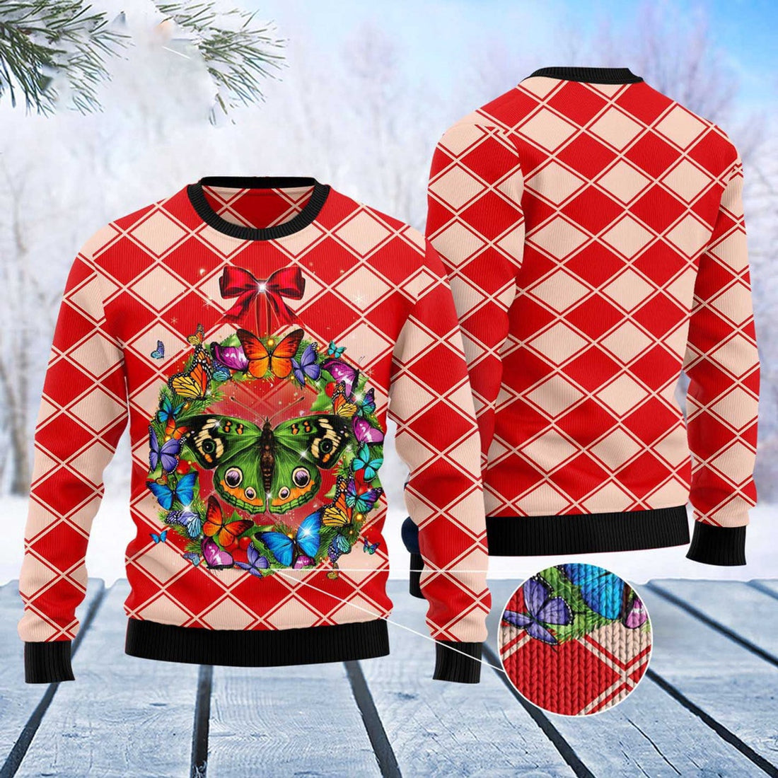 FUNSTUFFPRINT Butterfly Wreath Christmas Ugly Christmas Sweater, Christmas Sweater, Ugly Sweater, Funny Xmas Sweaters Ugly Sweater