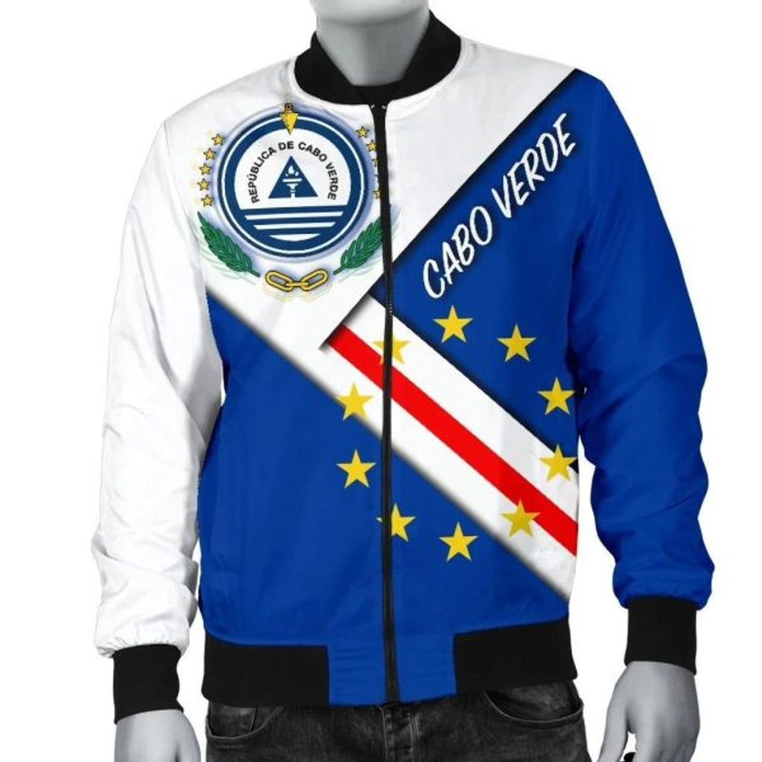 FUNSTUFFPRINT Cabo Verde Men's Bomber Jacket - Cabo Verde Flag And Coat Of Arms 3D Bomber Jacket