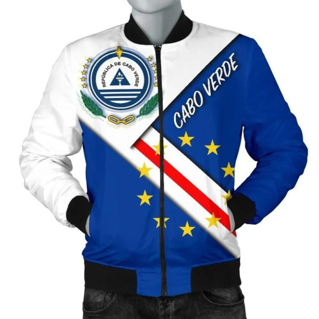 FUNSTUFFPRINT Cabo Verde Men's Bomber Jacket - Cabo Verde Flag And Coat Of Arms 3D Bomber Jacket