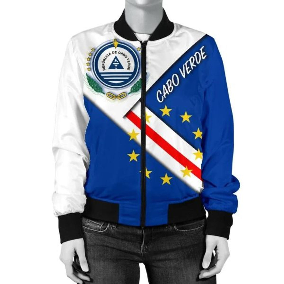 FUNSTUFFPRINT Cabo Verde Women's Bomber Jacket - Cabo Verde Flag And Coat Of Arms 3D Bomber Jacket