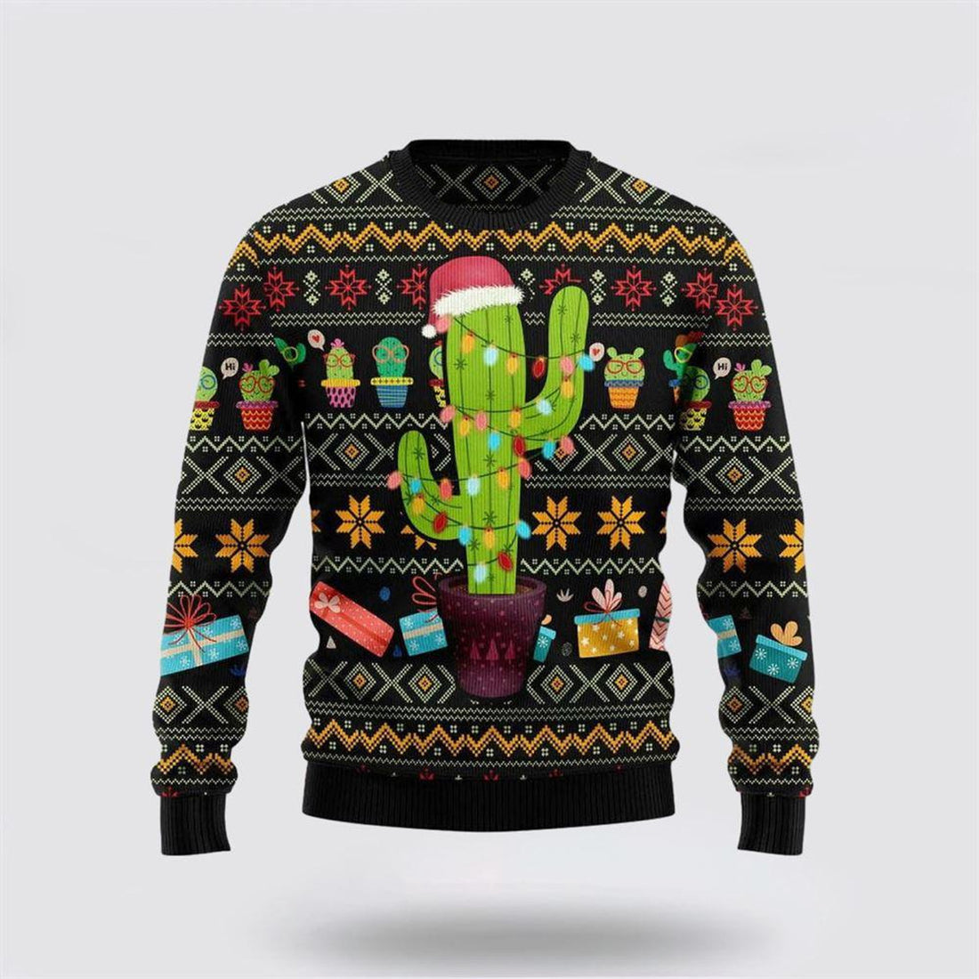 FUNSTUFFPRINT Cactus Wearing Santa Claus Hat Ugly Sweater - Christmas Gifts For Frends Ugly Sweater