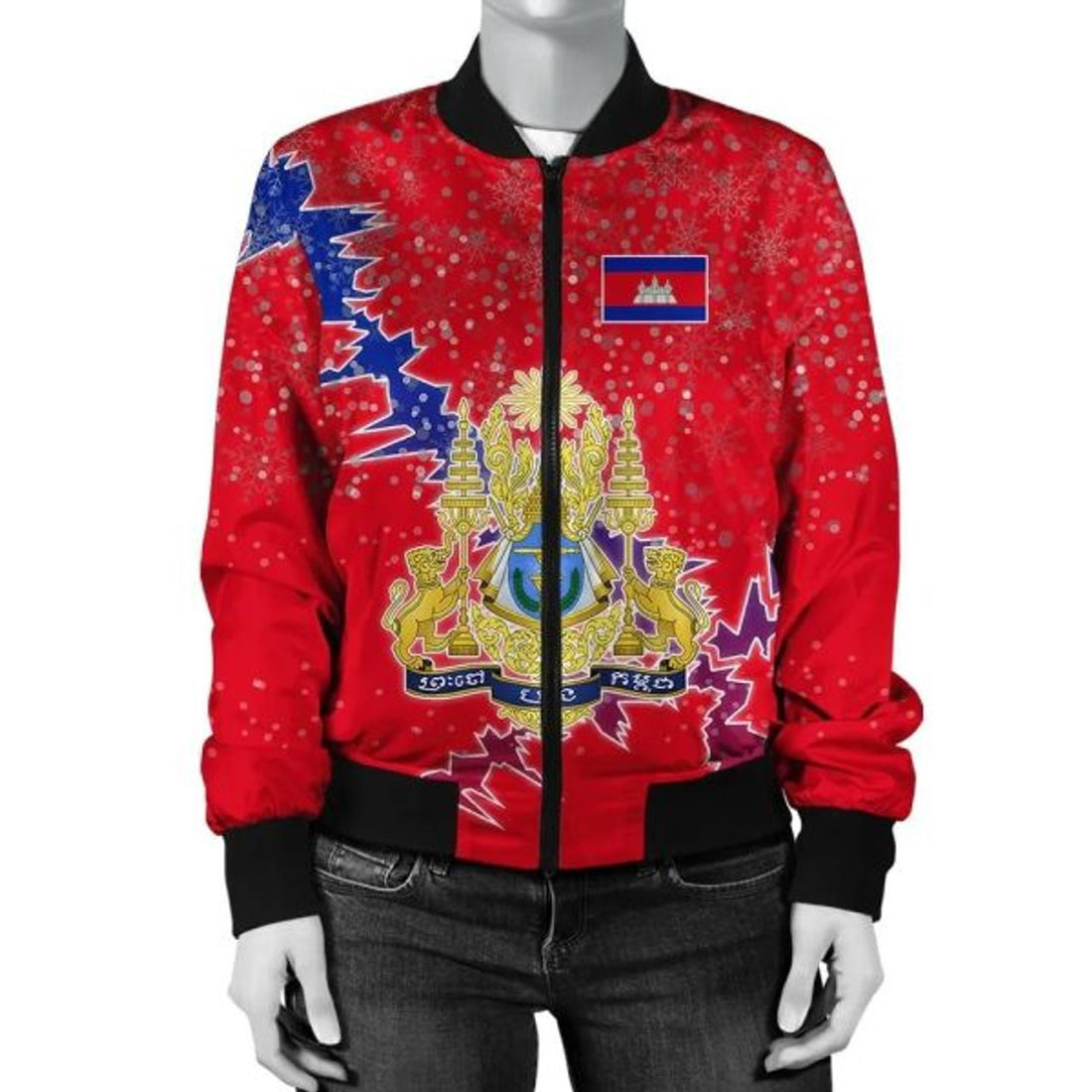 FUNSTUFFPRINT Cambodia Christmas Coat Of Arms Women Bomber Jacket Style 3D Bomber Jacket