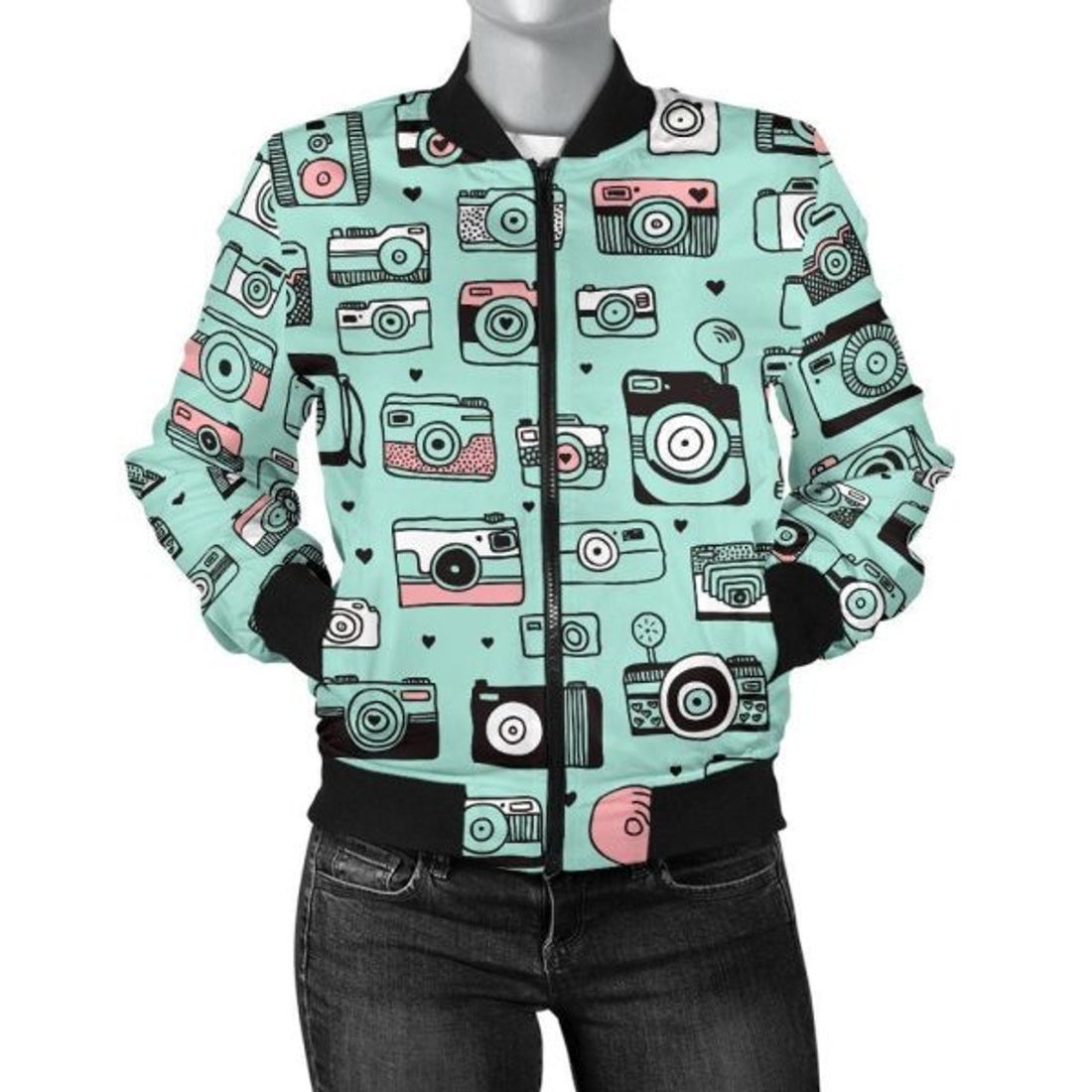 FUNSTUFFPRINT Camera Pastel Pattern Print Women Casual 3D Bomber Jacket