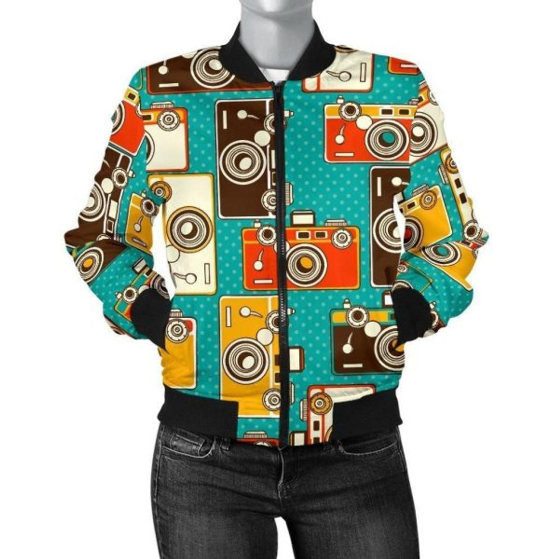 FUNSTUFFPRINT Camera Print Pattern Women Casual 3D Bomber Jacket