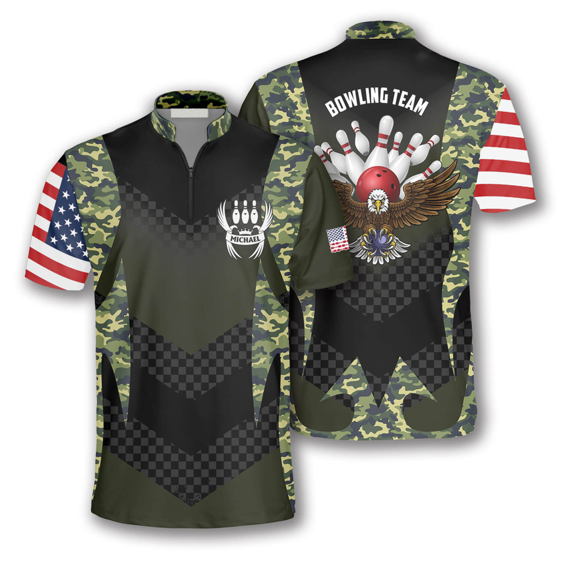 Custom Camouflage Eagle Flag Custom Bowling Jerseys for Men, Zipper Polo Shirt Bowling Shirt, Eagle Flag Zipper Polo Shirt