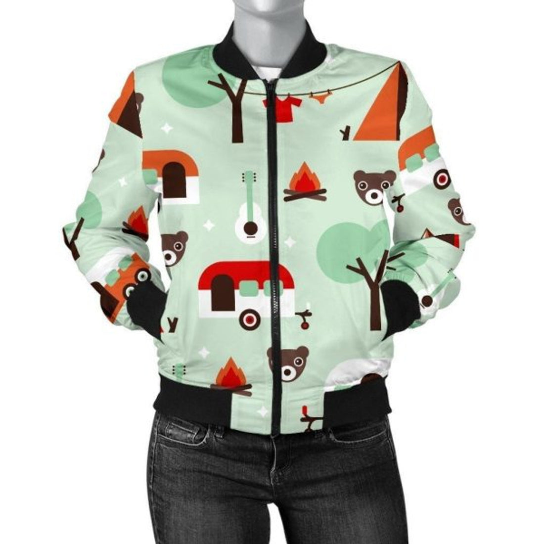 FUNSTUFFPRINT Camper Pattern Print Women Casual 3D Bomber Jacket