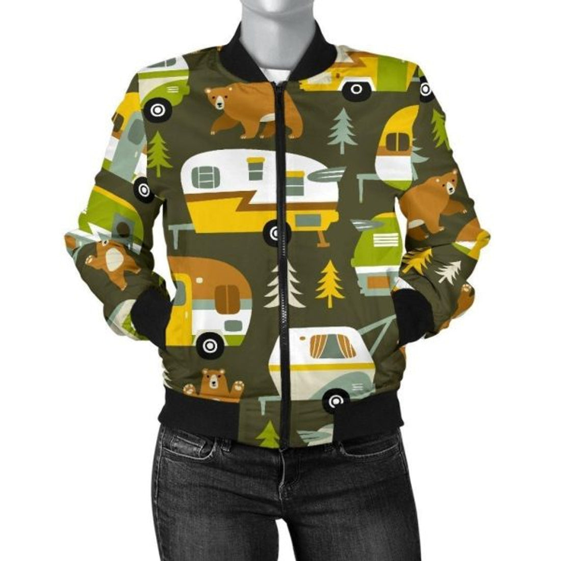 FUNSTUFFPRINT Camper Van Print Pattern Women Casual 3D Bomber Jacket
