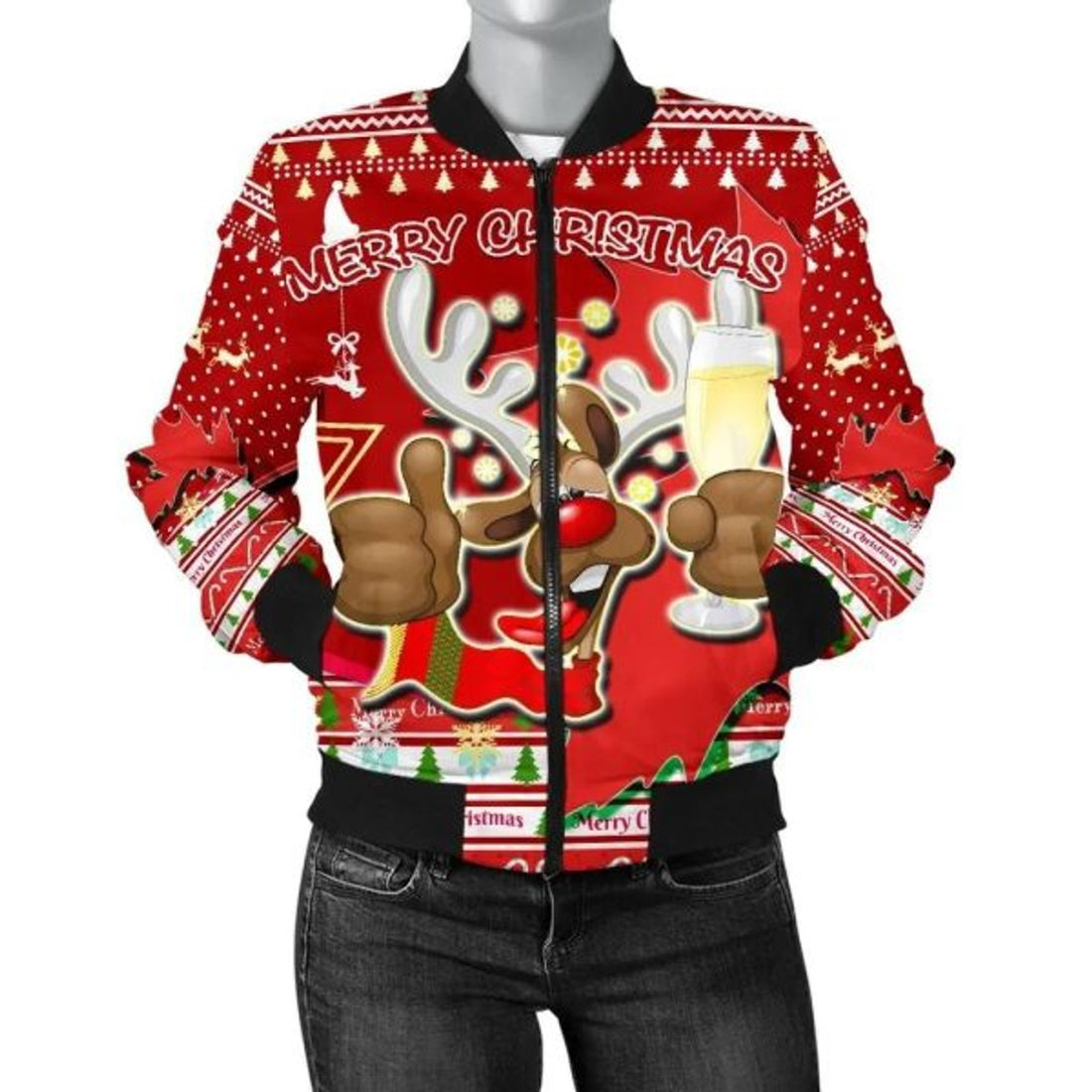 FUNSTUFFPRINT Canada Christmas Women Bomber Jacket Moose Maple Leaf Version 3D Bomber Jacket