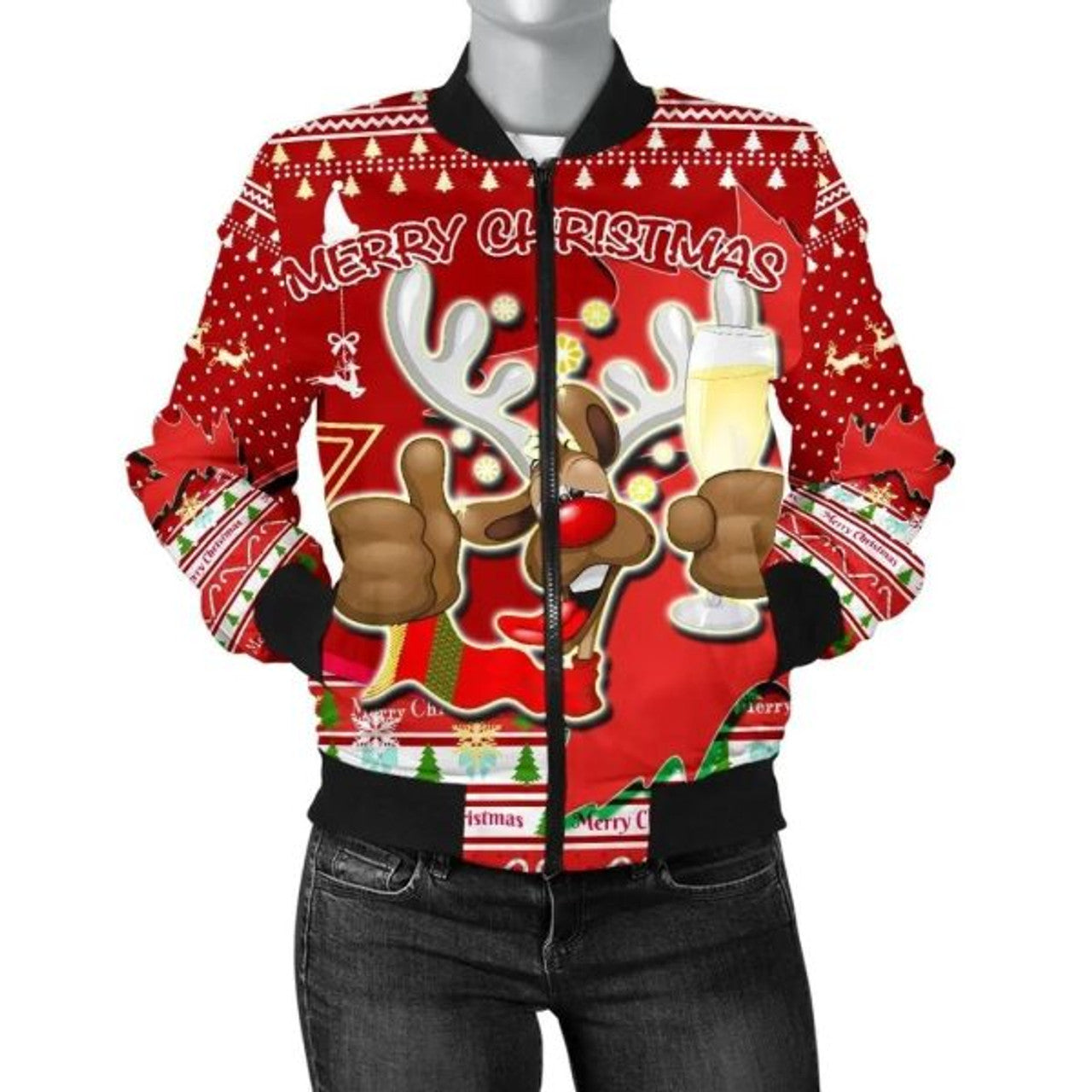FUNSTUFFPRINT Canada Christmas Women Bomber Jacket Moose Maple Leaf Version 3D Bomber Jacket