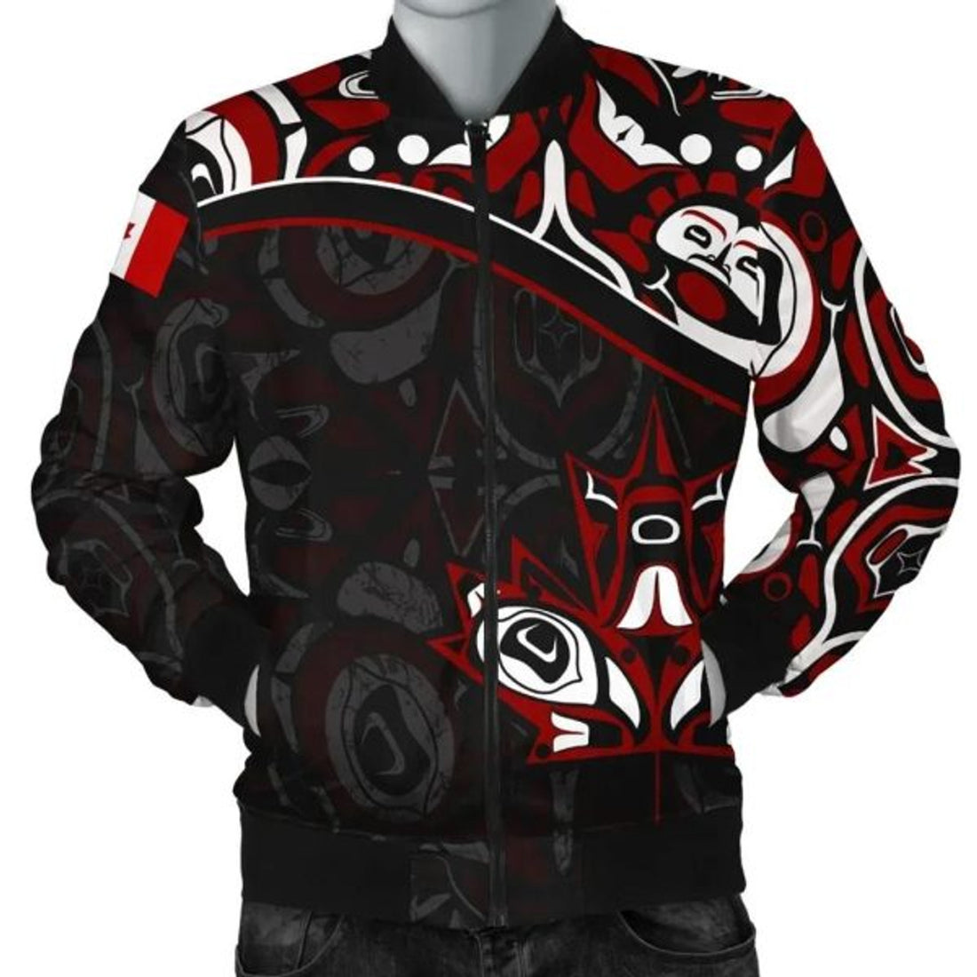 FUNSTUFFPRINT Canada Day Men's Bomber Jacket - Haida Maple Leaf Style Tattoo Black 3D Bomber Jacket
