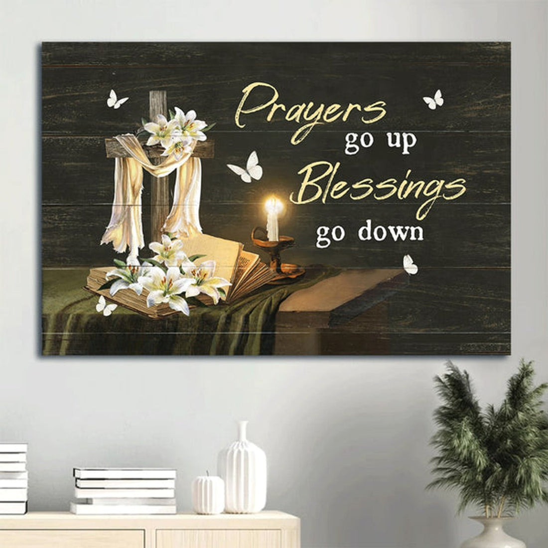 Candle Drawing White Lily Flower Wooden Cross Prayers Go Up Blessings Go Down Canvas Wall Art - Christian Wall Decor
