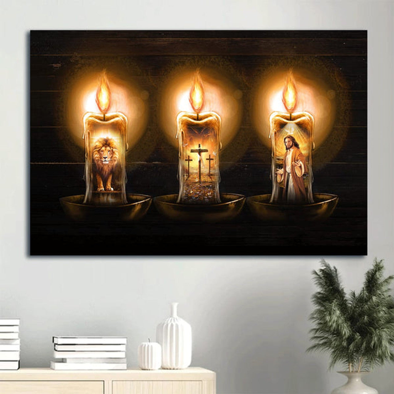 Candles Painting Lion Of Judah Jesus Painting The Three Rugged Crosses Canvas Wall Art - Christian Wall Decor