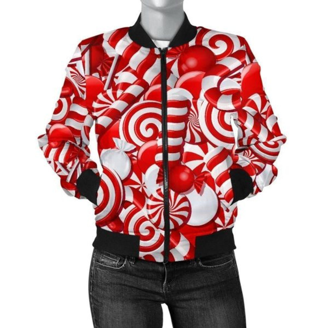FUNSTUFFPRINT Candy Cane Print Pattern Women Casual 3D Bomber Jacket