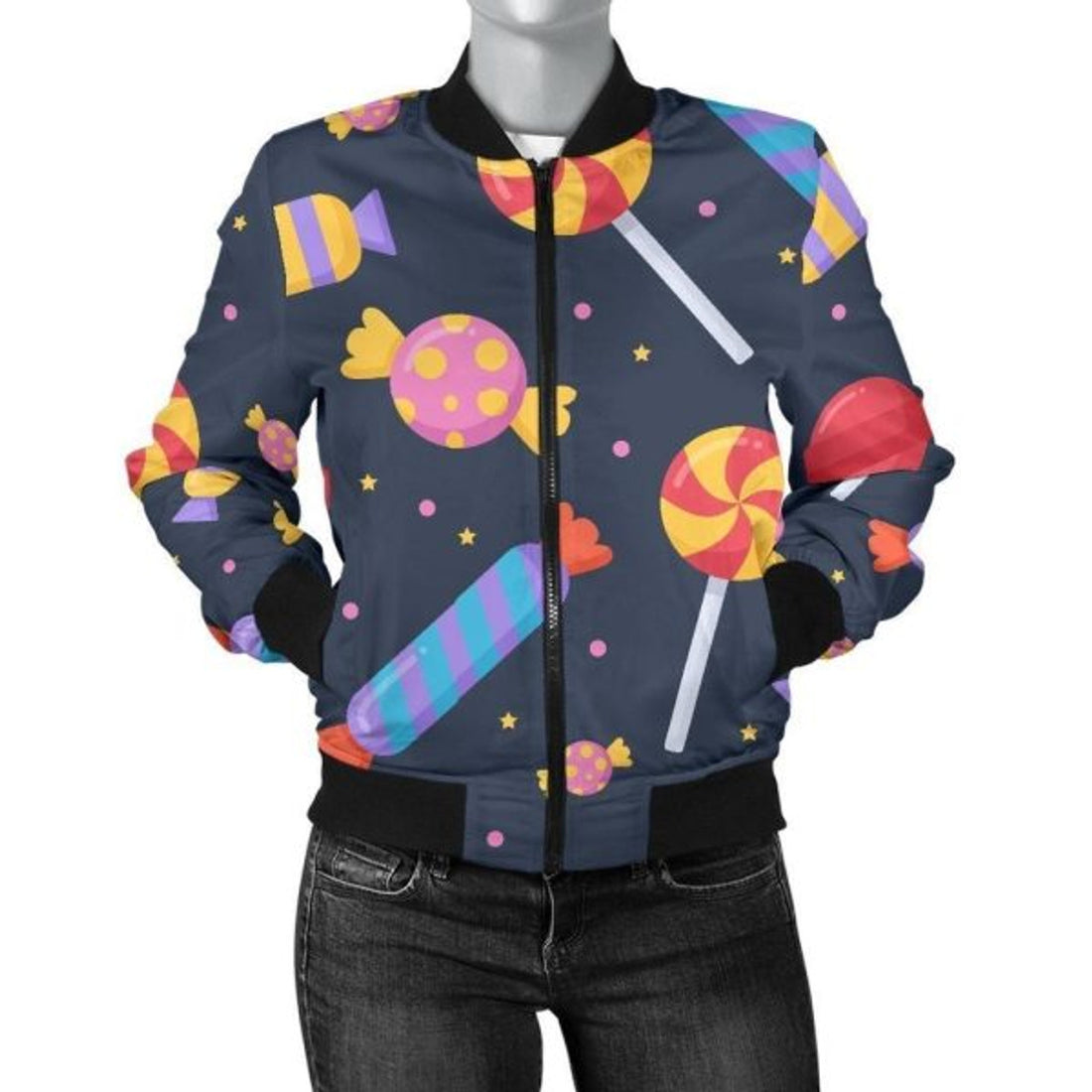 FUNSTUFFPRINT Candy Pattern Print Women Casual 3D Bomber Jacket