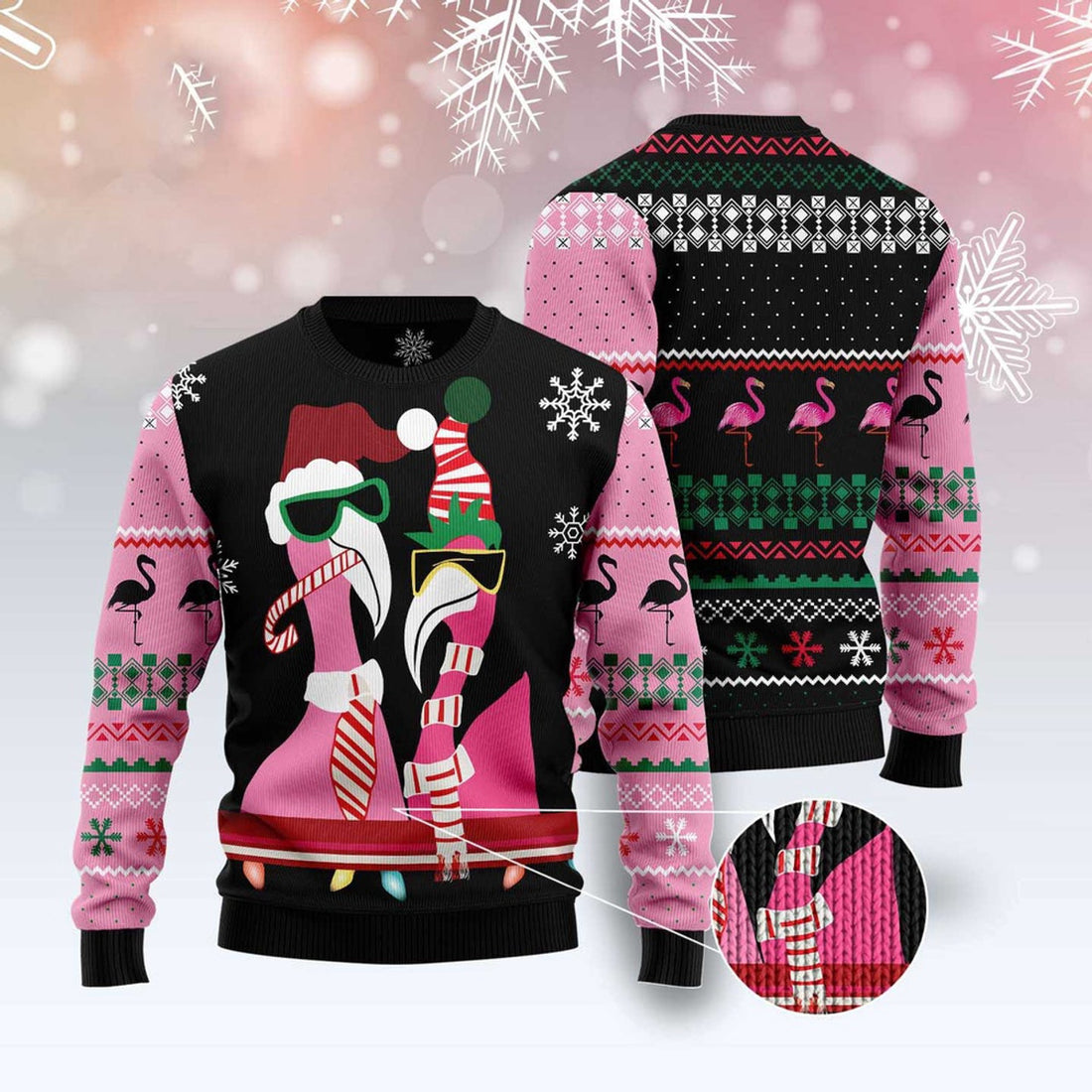 FUNSTUFFPRINT Candy Cane Flamingo Ugly Christmas Sweater, Christmas Sweater, Ugly Sweater, Funny Xmas Sweaters Ugly Sweater