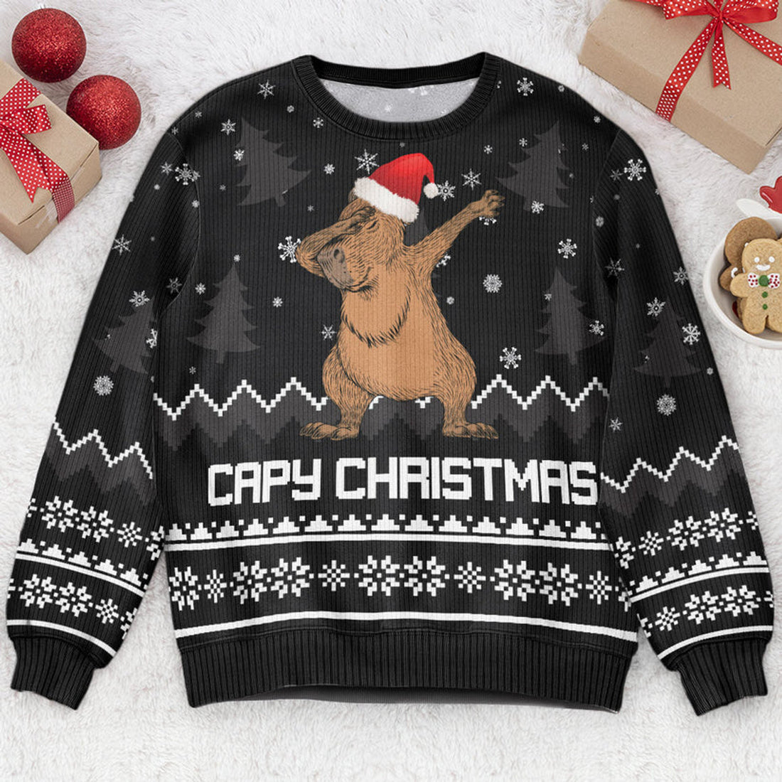 FUNSTUFFPRINT Custom Capybara Capy Christmas Ugly Sweater
