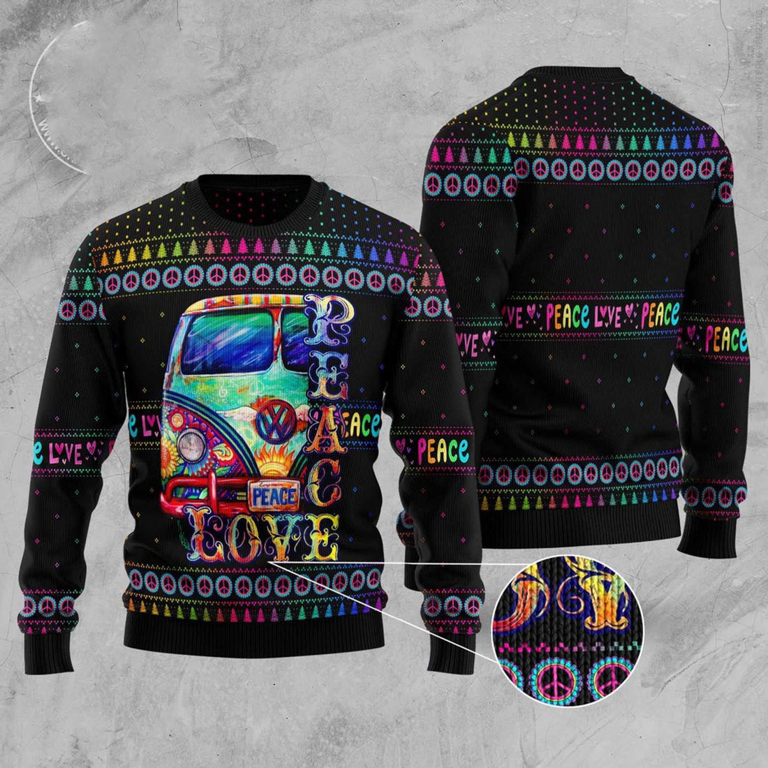 FUNSTUFFPRINT Car Hippie Peace Love Ugly Christmas Sweater, Christmas Sweater, Ugly Sweater, Funny Xmas Sweaters Ugly Sweater