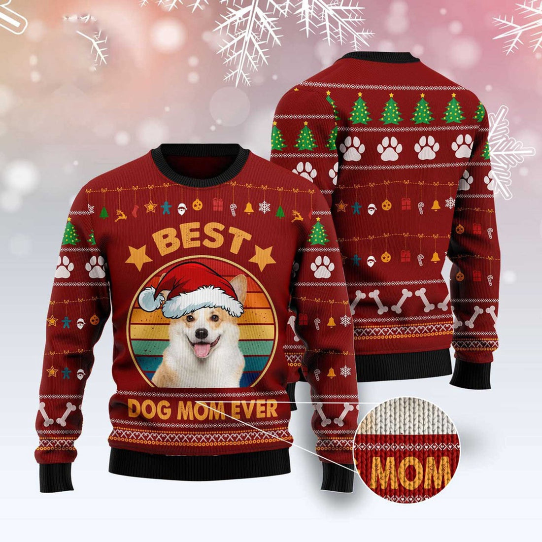 FUNSTUFFPRINT Cardigan Welsh Corgi Best Dog Mom Ever Ugly Christmas Sweater, Dog Ugly Christmas Sweater, Ugly Dog Sweaters Ugly  Sweater