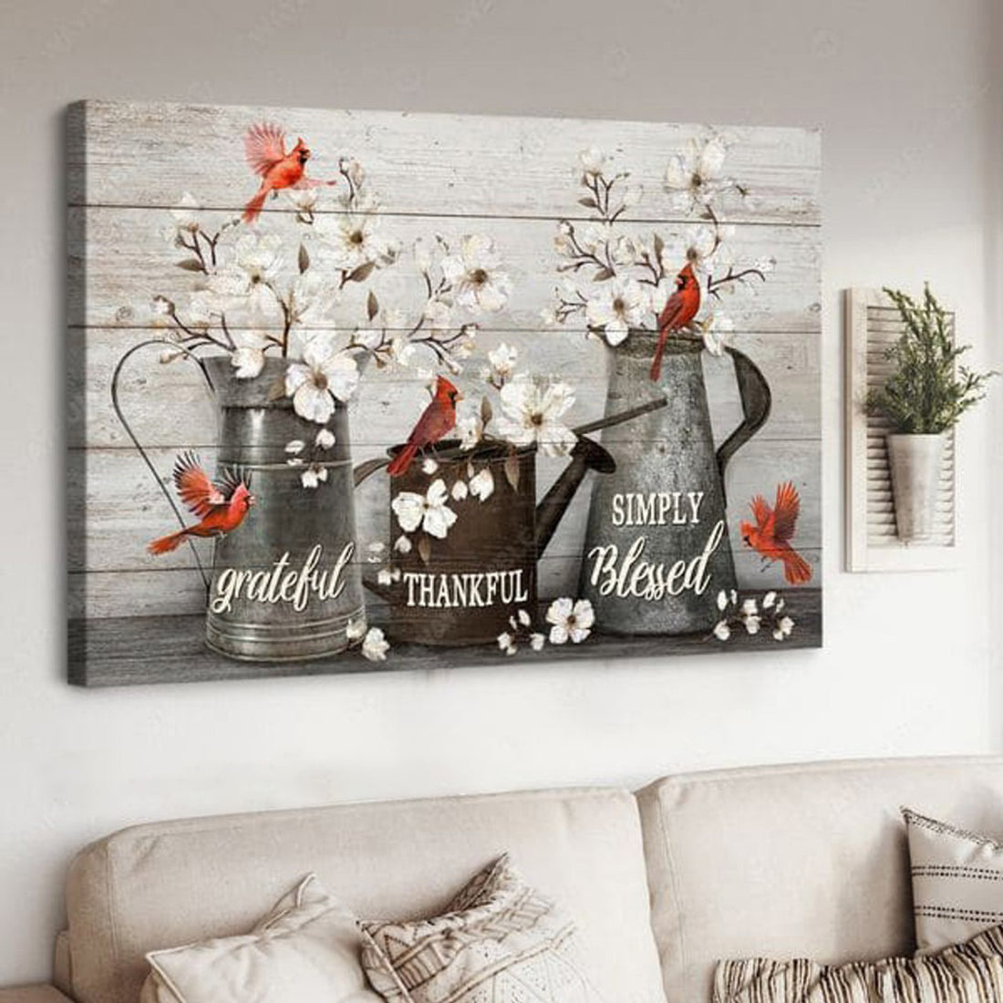 Cardinal Bird, Grateful Thankful Simply Blessed, Poster Decor Poster and Canvas