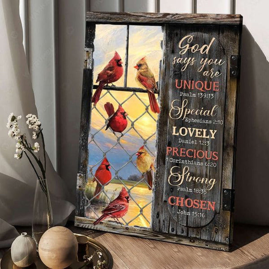 Cardinal Bird, Poster Decor, God Says You Are Unique Special Lovely Precious Strong Chosen Poster and Canvas