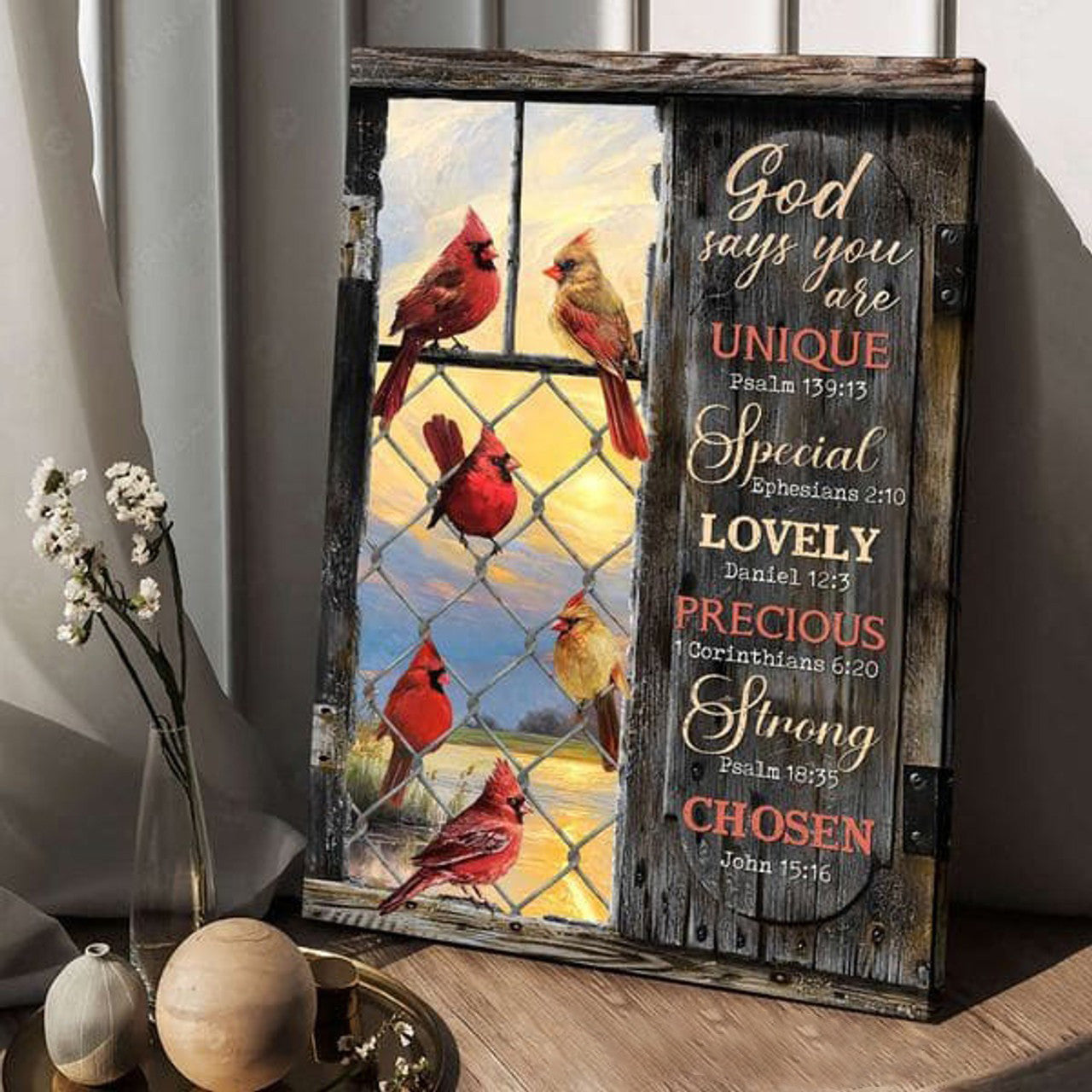 Cardinal Bird, Poster Decor, God Says You Are Unique Special Lovely Precious Strong Chosen Poster and Canvas