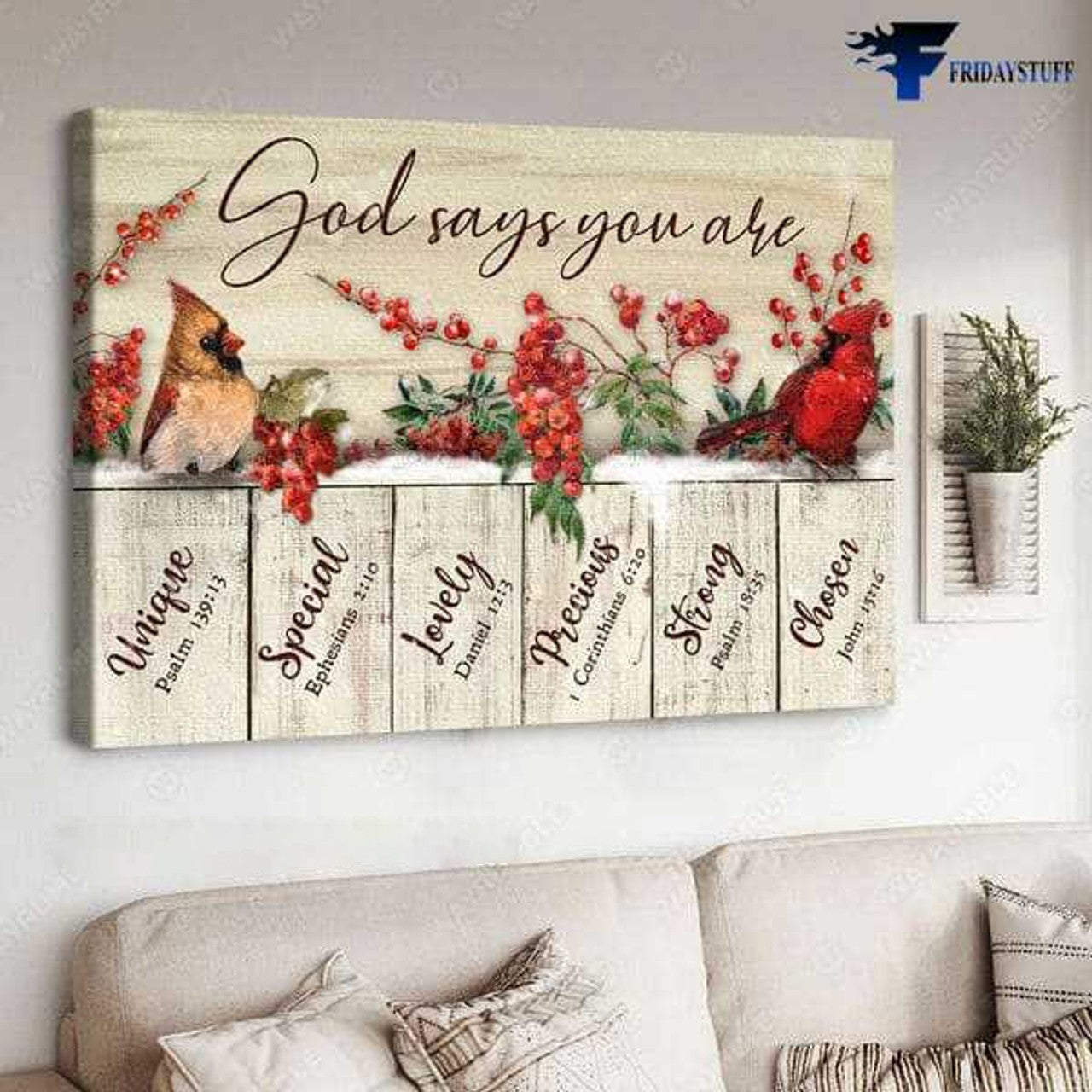 Cardinal Bird Poster, God Says You Are, Unique, Special, Lovely, Strong, Precious, Chosen Poster and Canvas