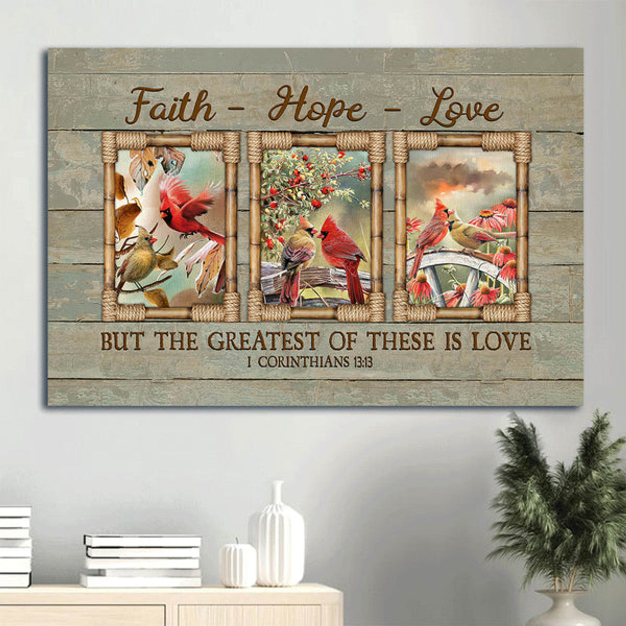 Cardinal Couple Bible Verse Flower Garden Faith Hope Love Canvas Wall Art - Christian Wall Decor