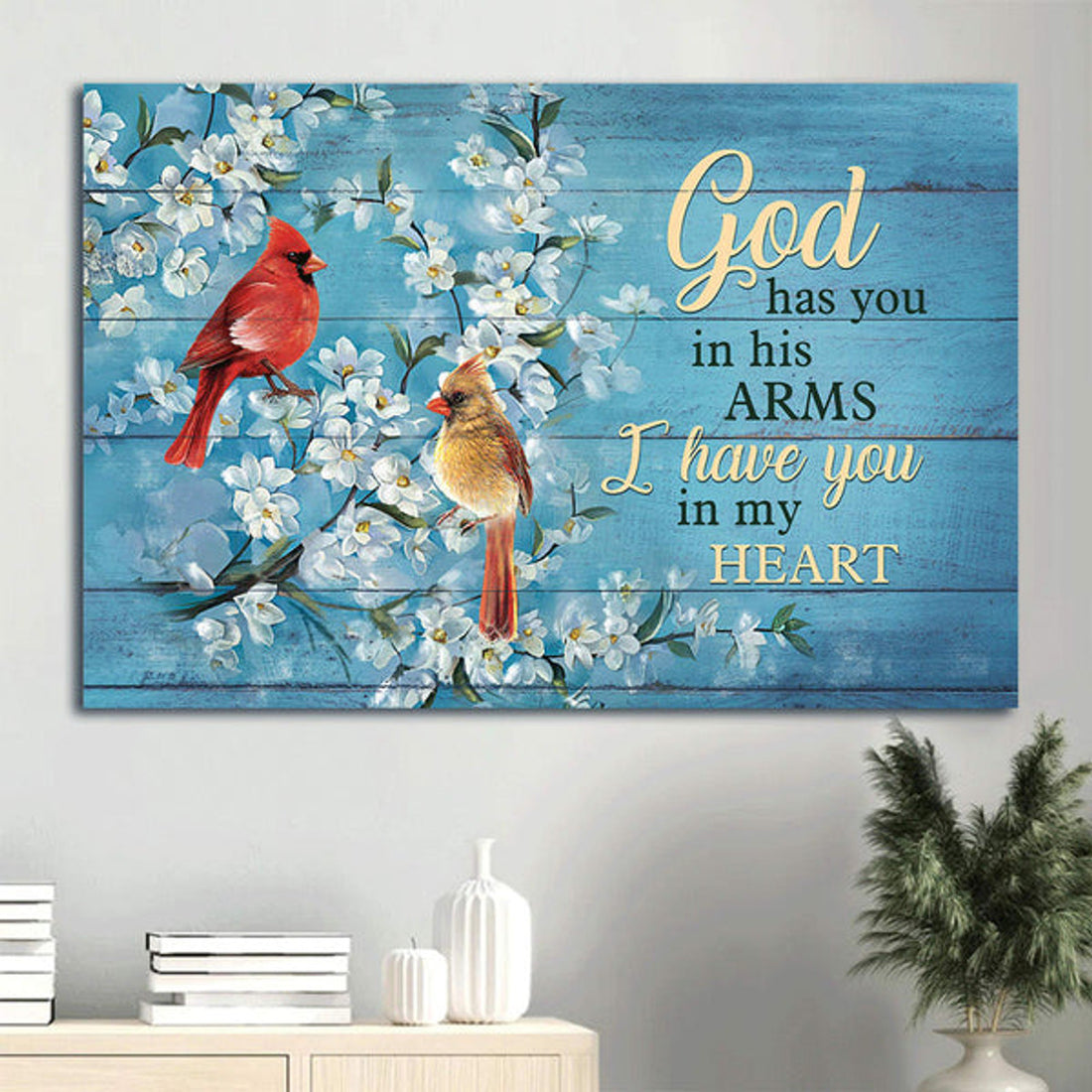 Cardinal Couple Jasmine Painting Blue Background I Have You In My Heart Heaven Canvas Wall Art - Christian Wall Decor