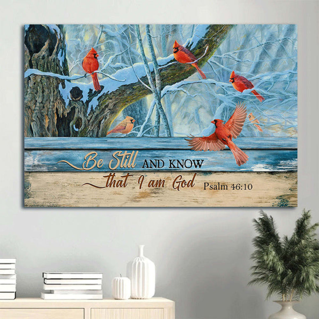 Cardinal Drawing Blue Light Winter Be Still And Know That I Am God Canvas Wall Art - Christian Wall Decor