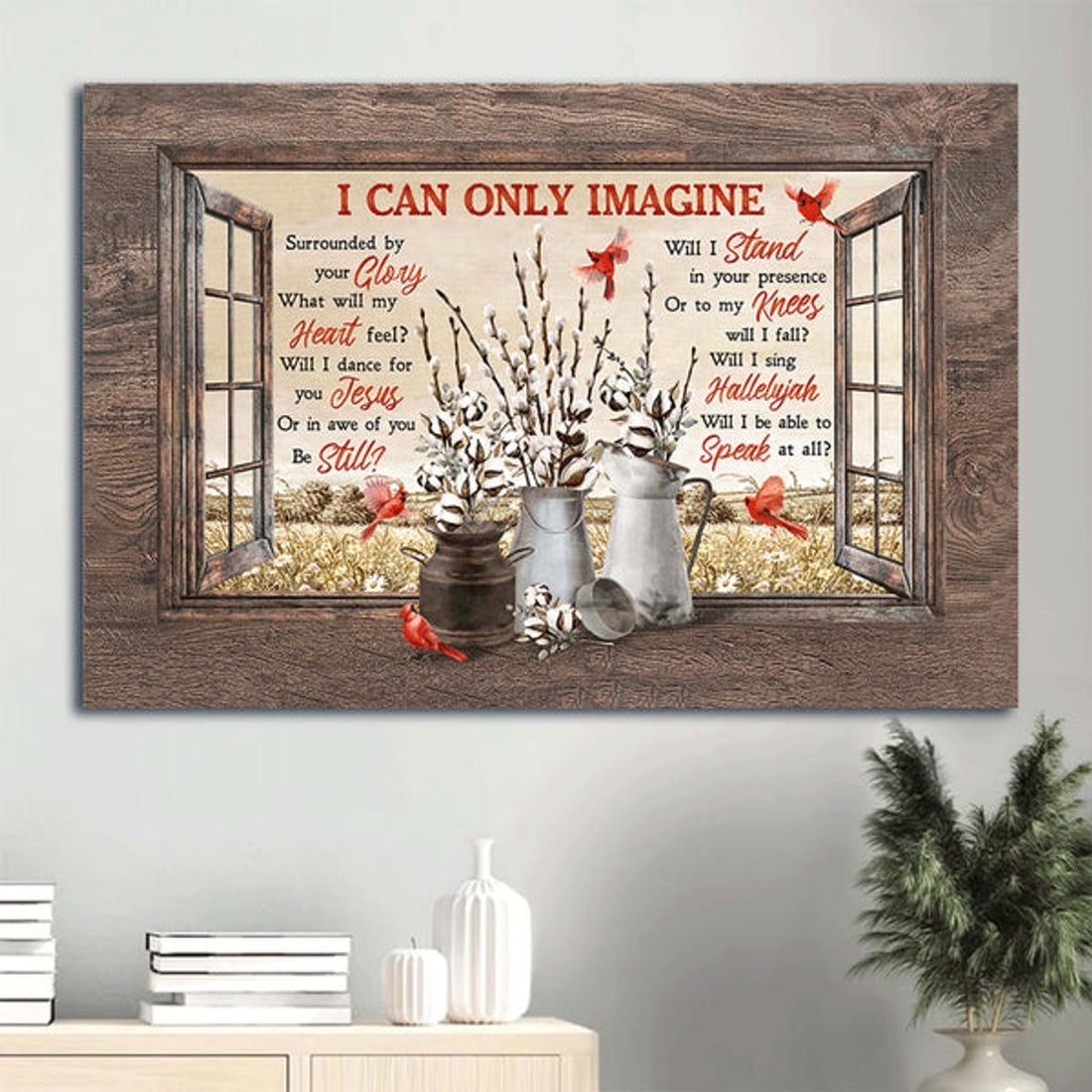 Cardinal Painting Cotton Flower Autumn Field I Can Only Imagine Canvas Wall Art - Christian Wall Decor