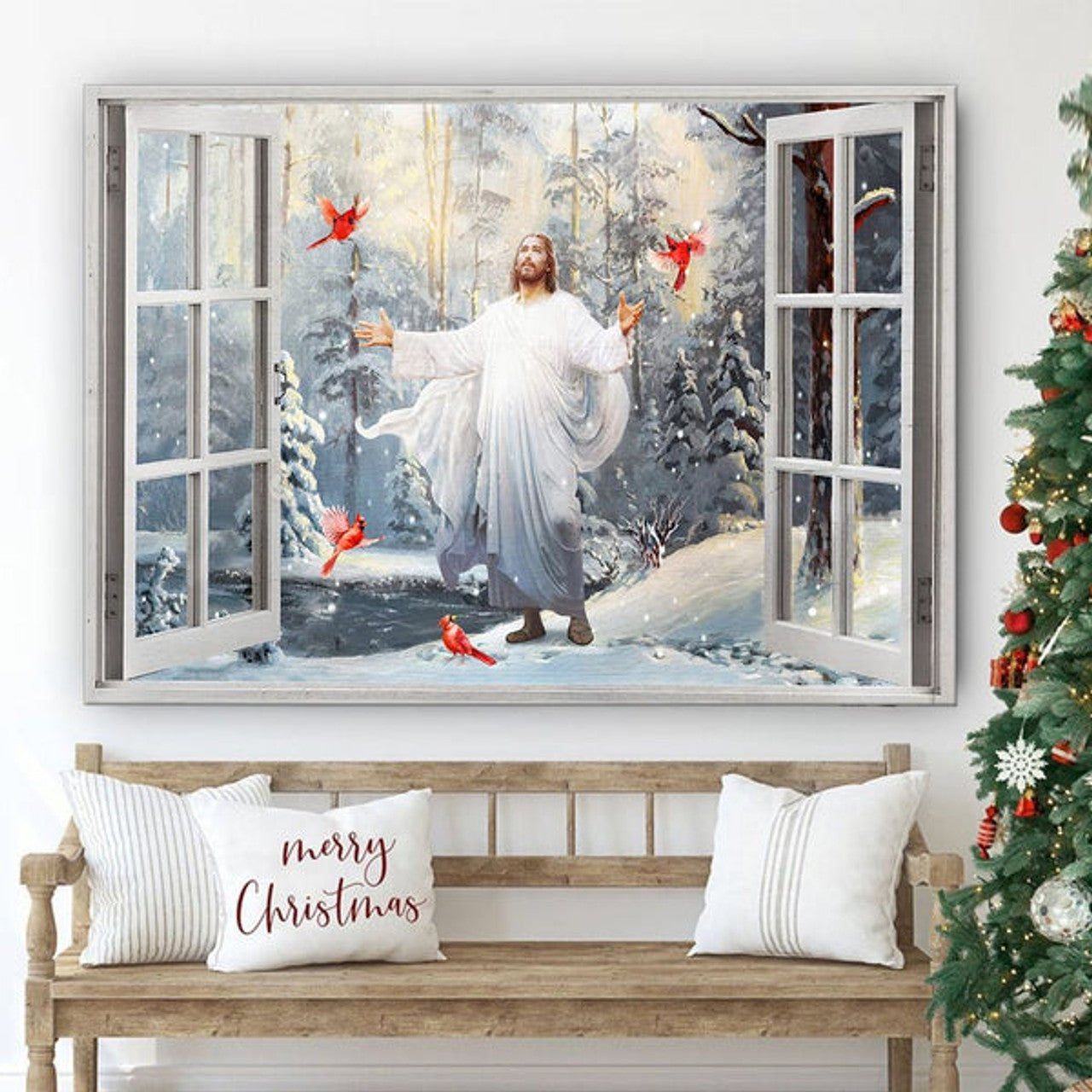 Cardinal Walking With Jesus Into The Winter Forest Canvas Wall Art - Jesus Canvas Pictures - Christian Wall Posters