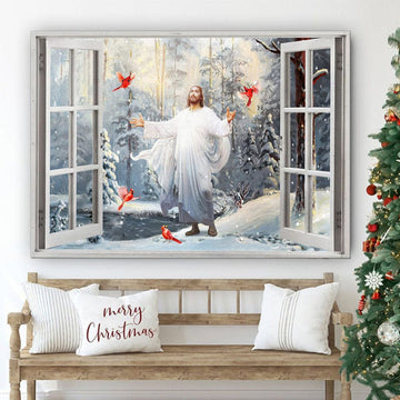 Cardinal Walking With Jesus Into The Winter Forest Canvas Wall Art - Jesus Canvas Pictures - Christian Wall Posters