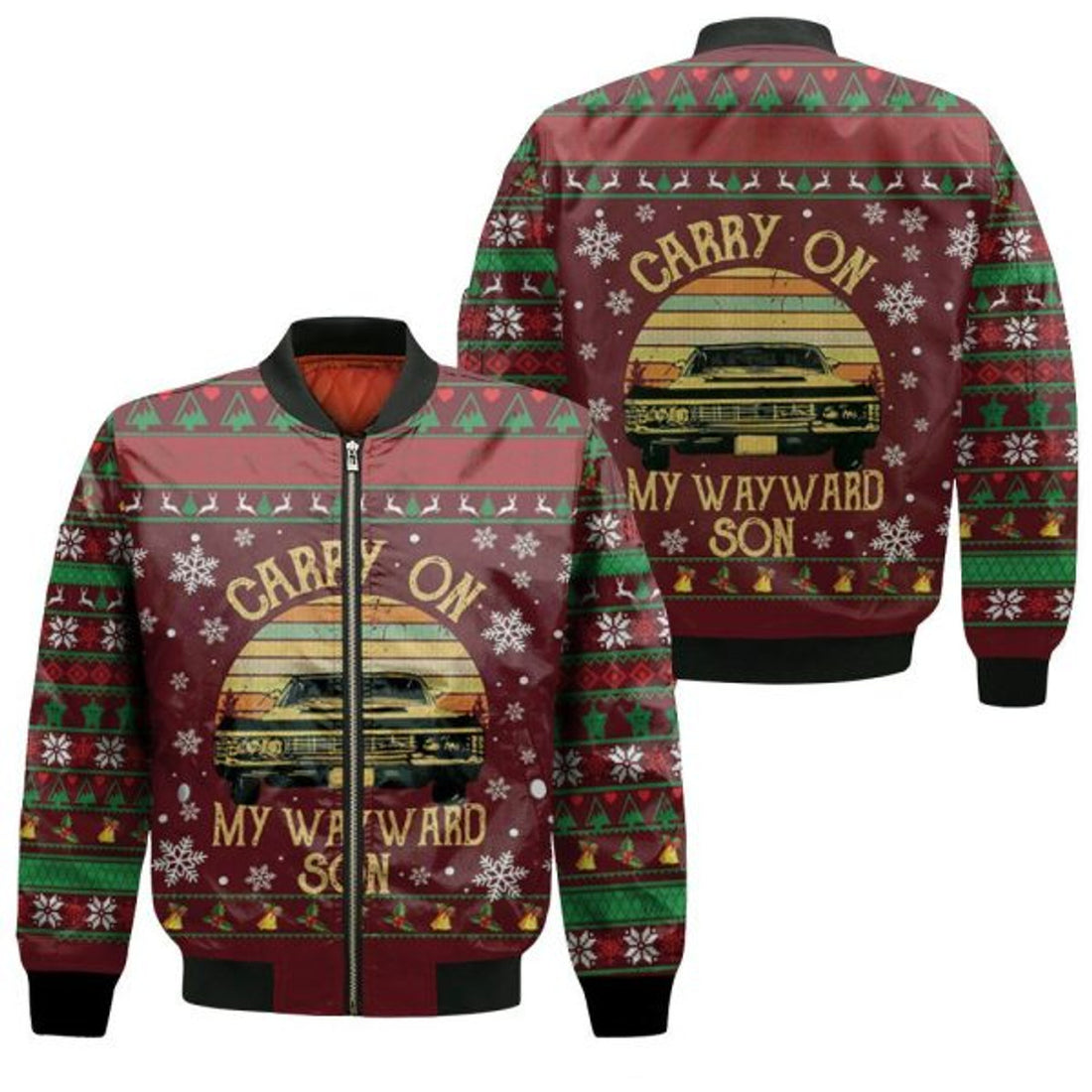 FUNSTUFFPRINT Carry On My Wayward Son Supernatural Retro Ugly Christmas 3D Bomber Jacket