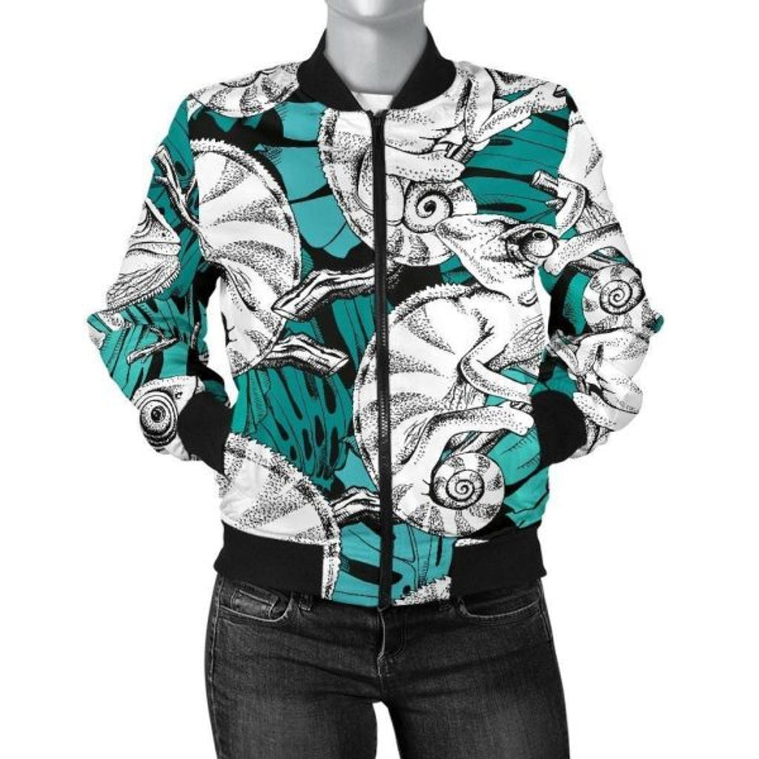 FUNSTUFFPRINT Cartoon Chameleon Pattern Print Women Casual 3D Bomber Jacket