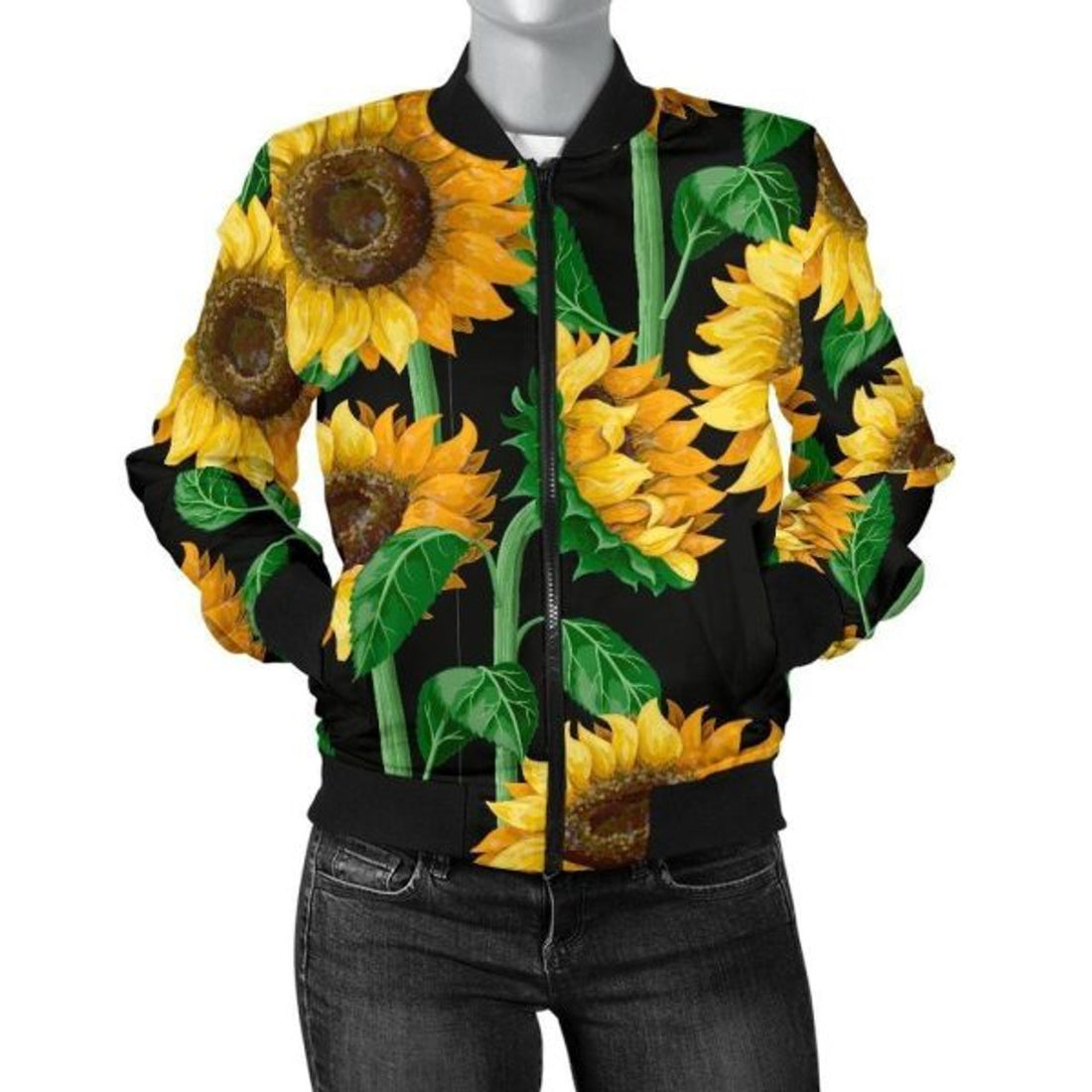 FUNSTUFFPRINT Cartoon Sunflower Pattern Print Women Casual 3D Bomber Jacket