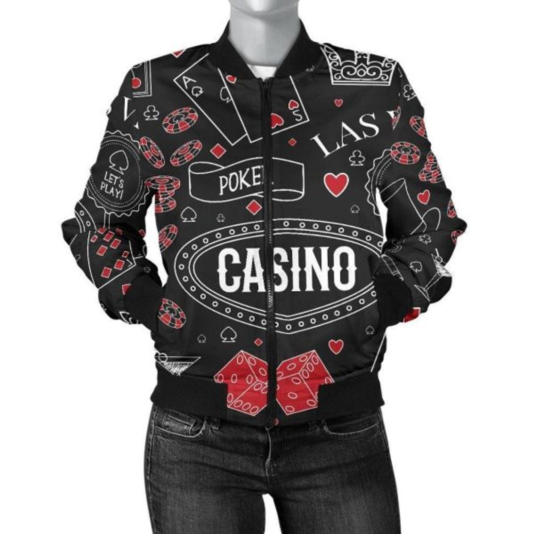 FUNSTUFFPRINT Casino Poker Pattern Print Women Casual 3D Bomber Jacket