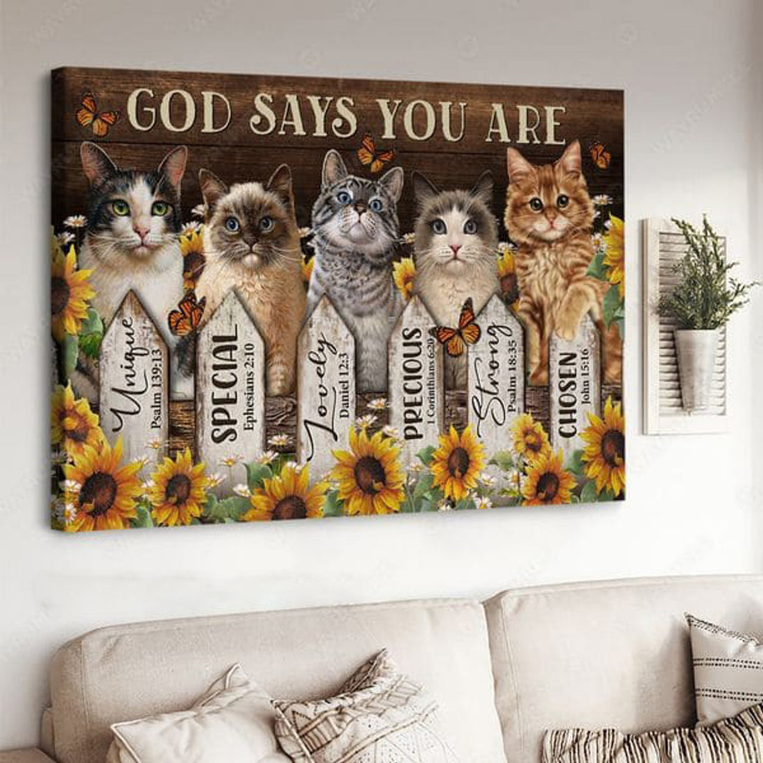 Cat Lover, Butterfly Sunflower Poster, God Says You Are Chosen, Strong Precious Forgiven Unique Lovely Poster and Canvas