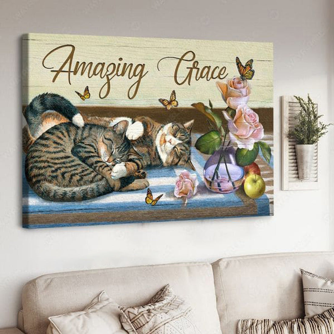 Cat Lover, Sleeping Cat, Amazing Grace, Butterfly Flower Poster and Canvas