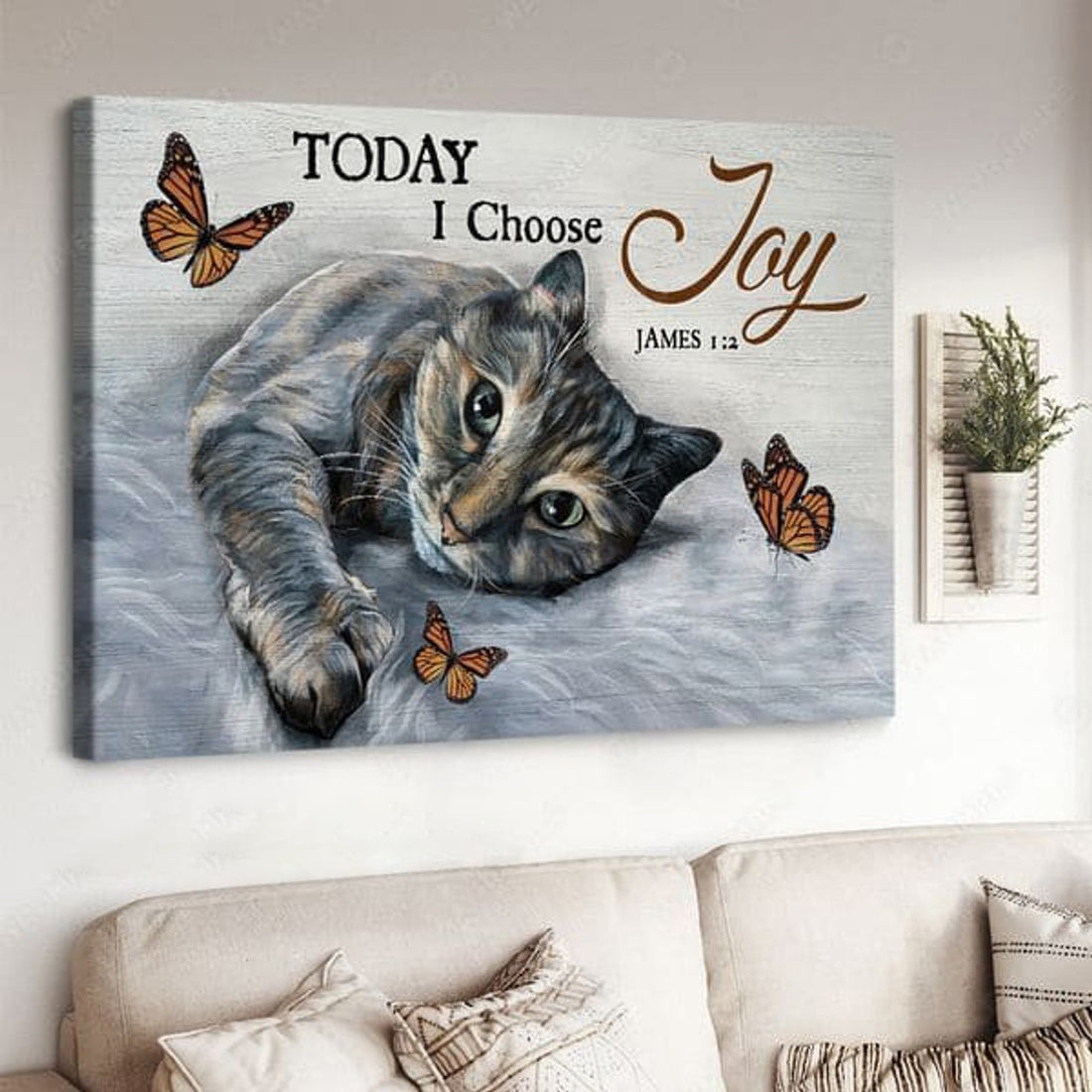 Cat Lover, Today I Choose Joy, Wall Art Poster, Butterfly And Cat Poster and Canvas