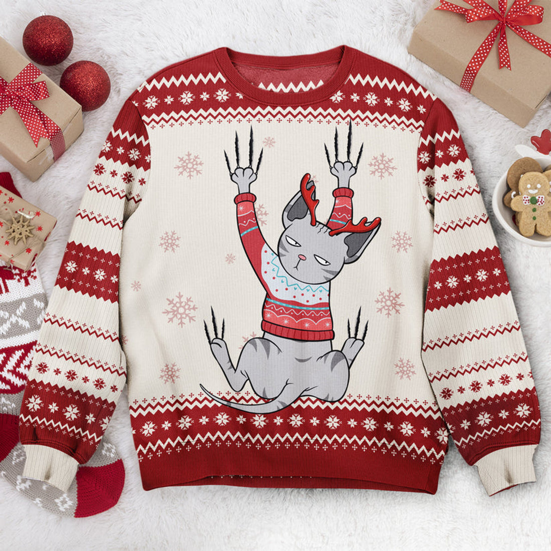 FUNSTUFFPRINT Custom Cat Lovers Meowy Christmas Ugly Sweater