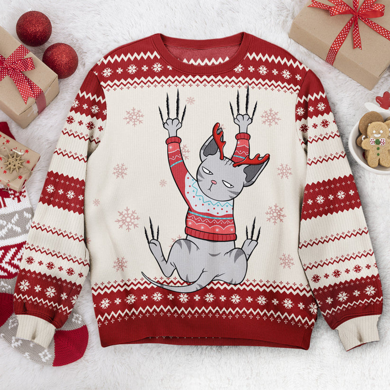 FUNSTUFFPRINT Custom Cat Lovers Meowy Christmas Ugly Sweater