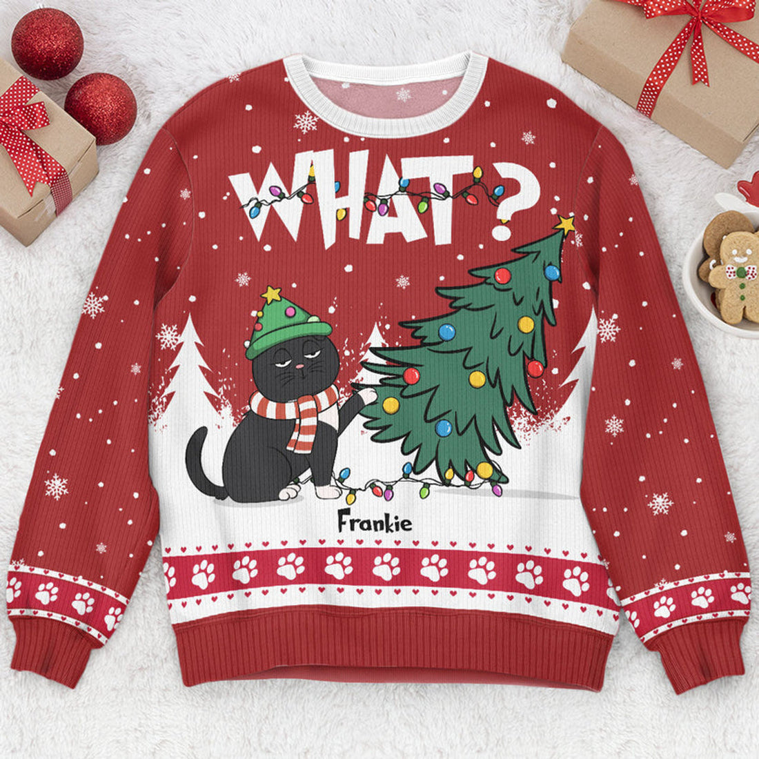 FUNSTUFFPRINT Custom  Cat What - Christmas Tree Ugly  Sweater