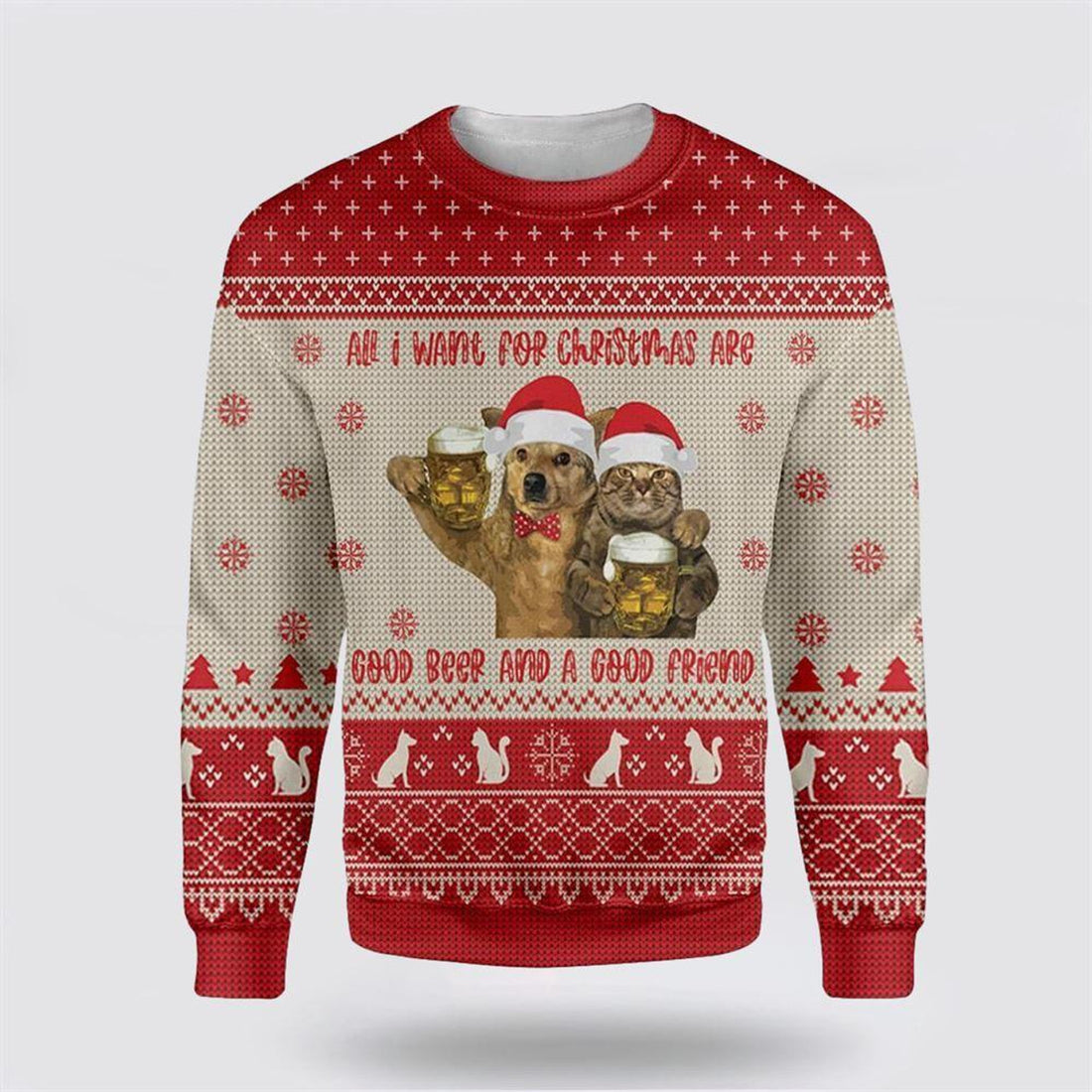 FUNSTUFFPRINT Cat All I Want For Christmas Are Good Beer And A Good Friend Ugly Christmas Sweater – Cat Lover Christmas Sweater Ugly  Sweater