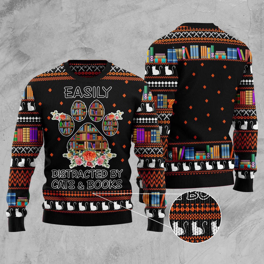 FUNSTUFFPRINT Cat And Books Christmas Ugly Christmas Sweater, Christmas Cat Ugly Sweater, Ugly Cat Xmas Sweater Ugly Sweater