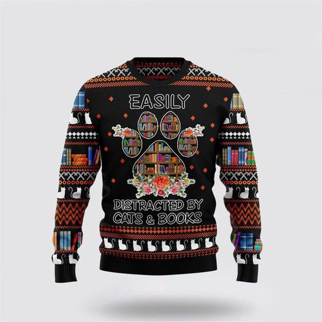 FUNSTUFFPRINT Cat And Books Ugly Christmas Sweater For Men And Women, Best Gift For Christmas, Christmas Fashion Winter Ugly  Sweater